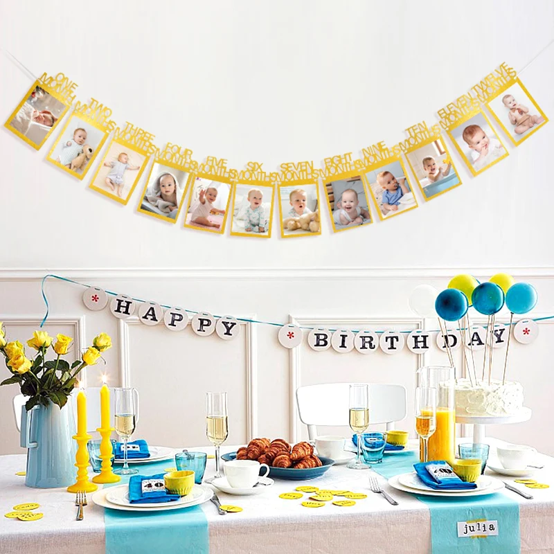 

1st Birthday Baby Photo Banner Growth Record 1-12 Month Photo Prop Photo Frame Bunting Baby Boy Girl 1 Year Birthday Party Decor