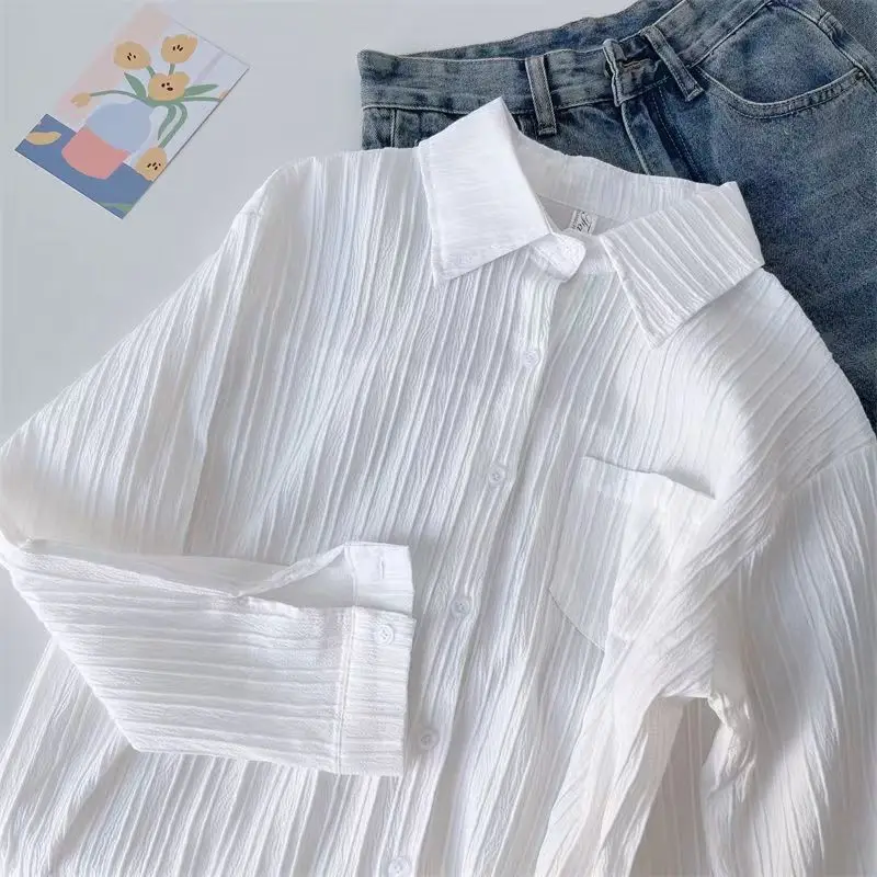 Pure Color Texture Stripe Long Sleeve Shirt Women's Spring Autumn Style Korean Loose Fit with Pocket High End Fairy Tale Shirt