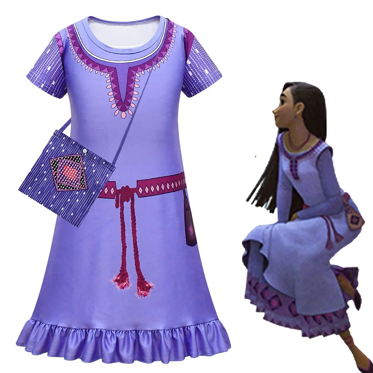 

Kids Girls Movie Anime Cartoon Purple Princess Short Sleeves Dress Bag Set Outfit Christmas Role Play Halloween Cosplay Costume