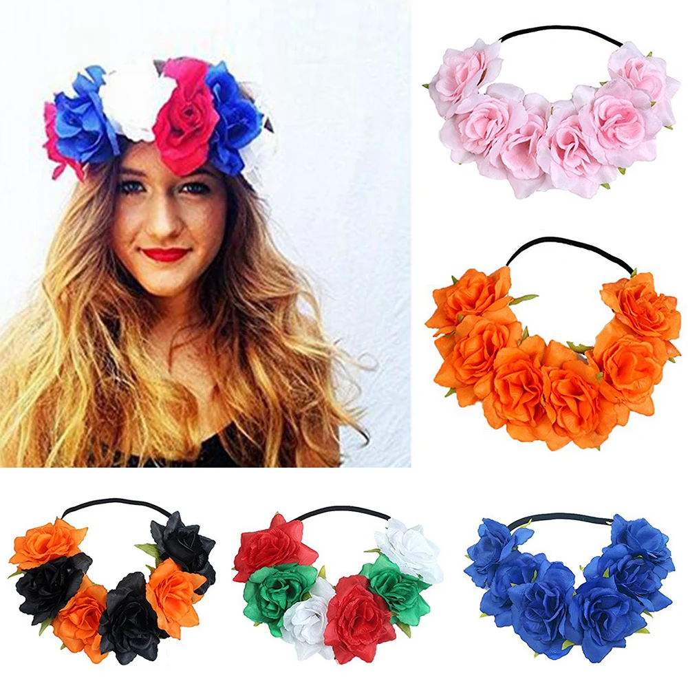 1pc Fashion Women Bride Flowers Headband Mexican Style Rose Flower Crown Hairband Ladies Elastic Beach Hair Accessories Headband