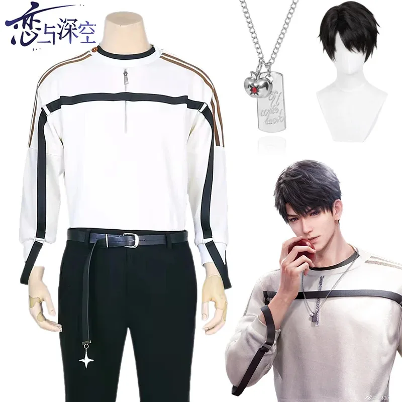 

Caleb Game Love And Deepspace Cosplay White Sweatshirt Top Wig Necklace MC Hoodie Suit for Men Women Halloween Party cosplay