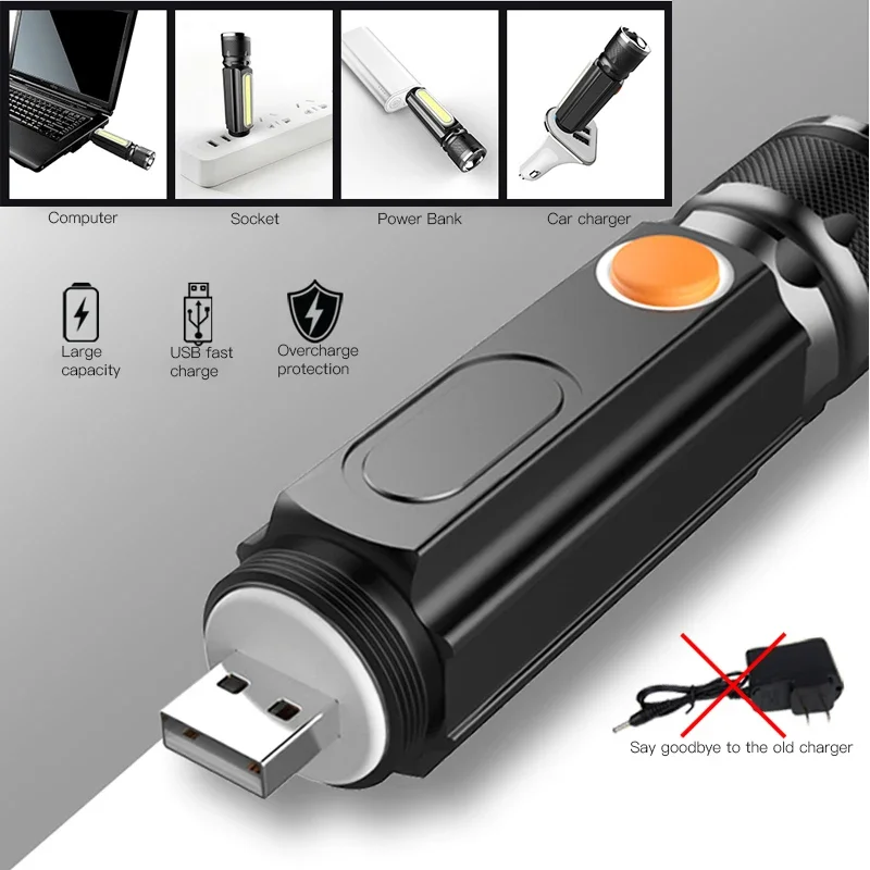 USB Rechargeable Multifunctional LED Flashlight Built-in battery Powerful T6 torch Side COB Light  tail magnet Work Light