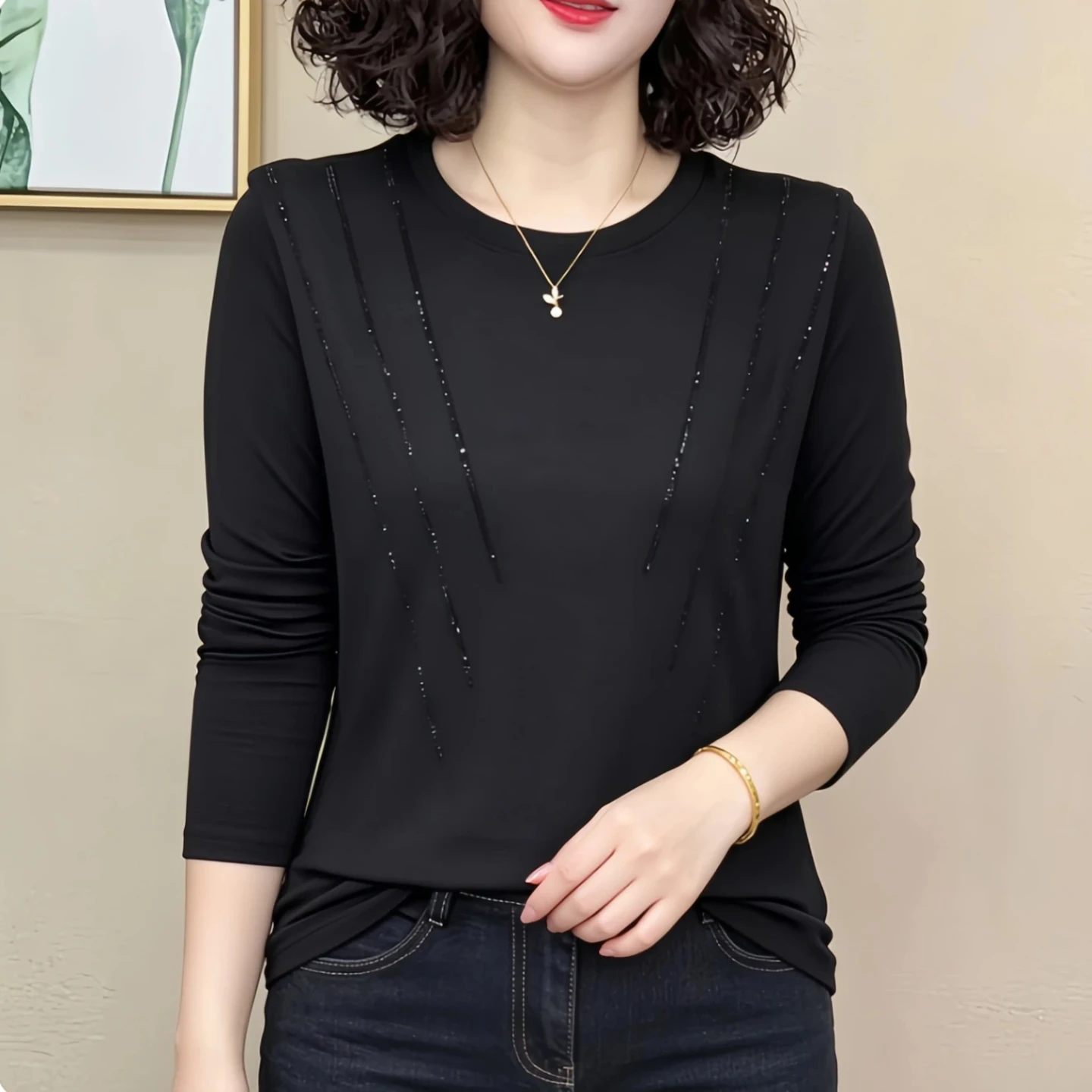 Elegant Mommy Style Long Sleeve round Neck T-Shirt Fashionable Korean Version Heavy Embellished Velvet Commute Ready Women's Top
