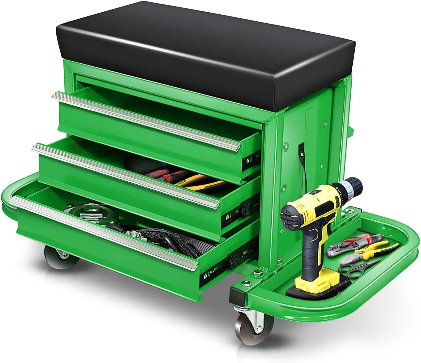 Mechanic Rolling Seat, 3-Drawer w/Tool Tray, 350LBS, Green | Heavy-Duty Steel Frame, 4 Swivel Casters, Padded Cushion, 3