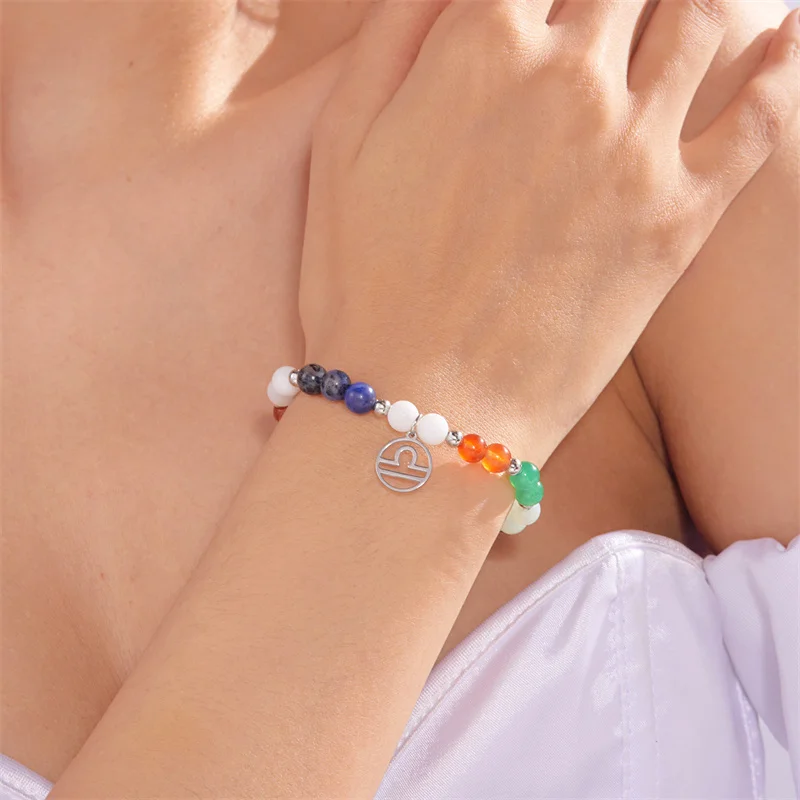 Minimalistische Bunte Naturstein-Perlenarmbänder für Damen und Herren, Modische Handgefertigte 12 Sternzeichen-Armbänder, Schmuck – Detail 5