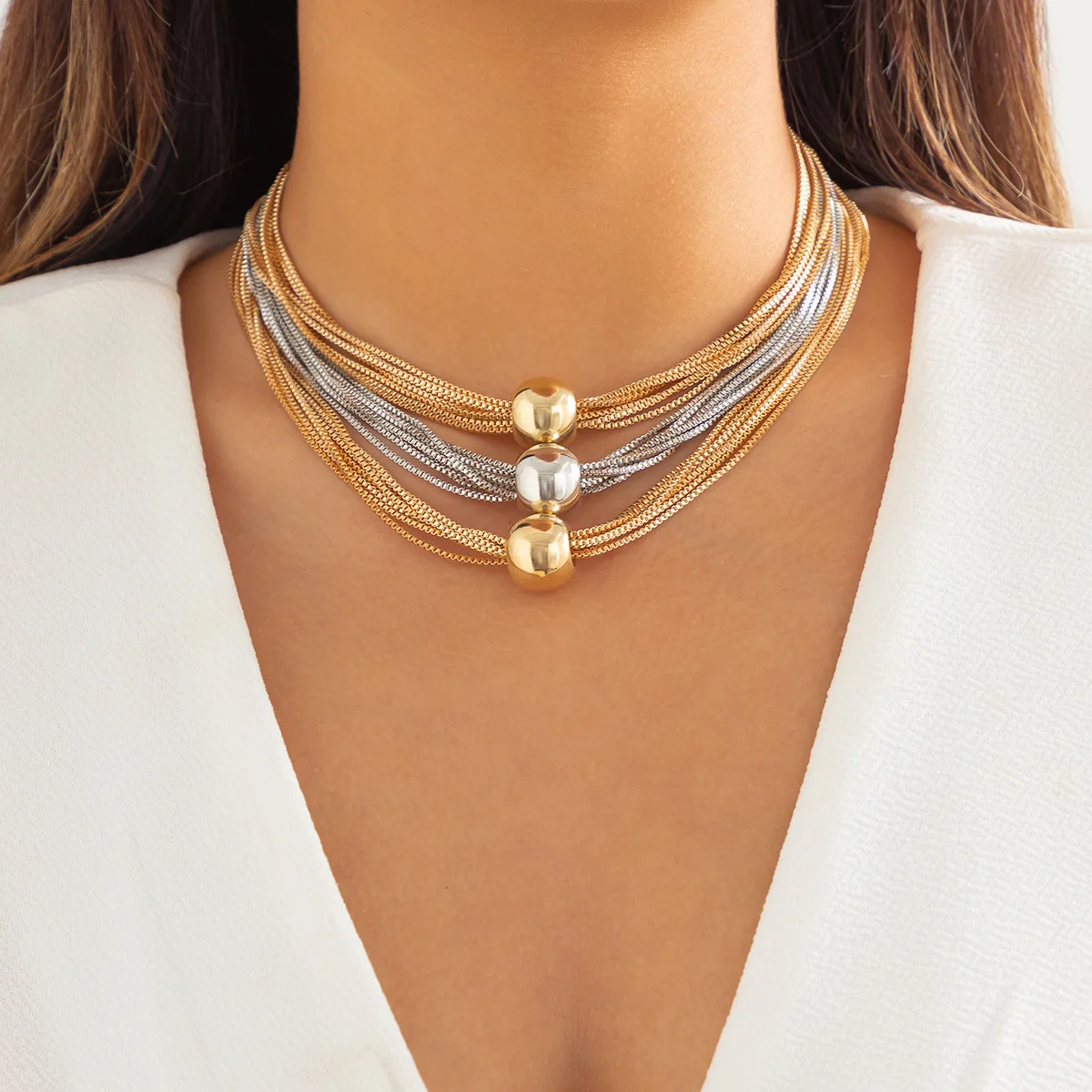 Necklace Ball Pendant Layered Box Chain Vintage Gold Alloy Chunky Unique Statement Premium Jewelry for Women Daily Party Wear