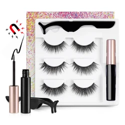 3Pairs Magnetic Eyelashes False Eyelash Naturel Mink Eyelashes Repeated Use Waterproof Liquid Eyeliner With Tweezer Makeup Set