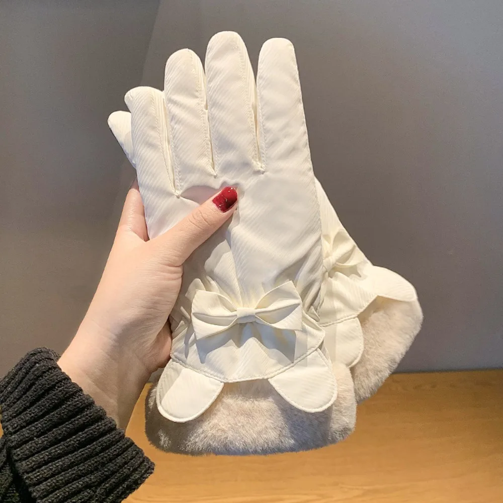 Cute Down Cotton Bow Anti-cold Mittens Touch Screen Soft Ears Finger Mittens Waterproof Swen Thickened Gloves Winter