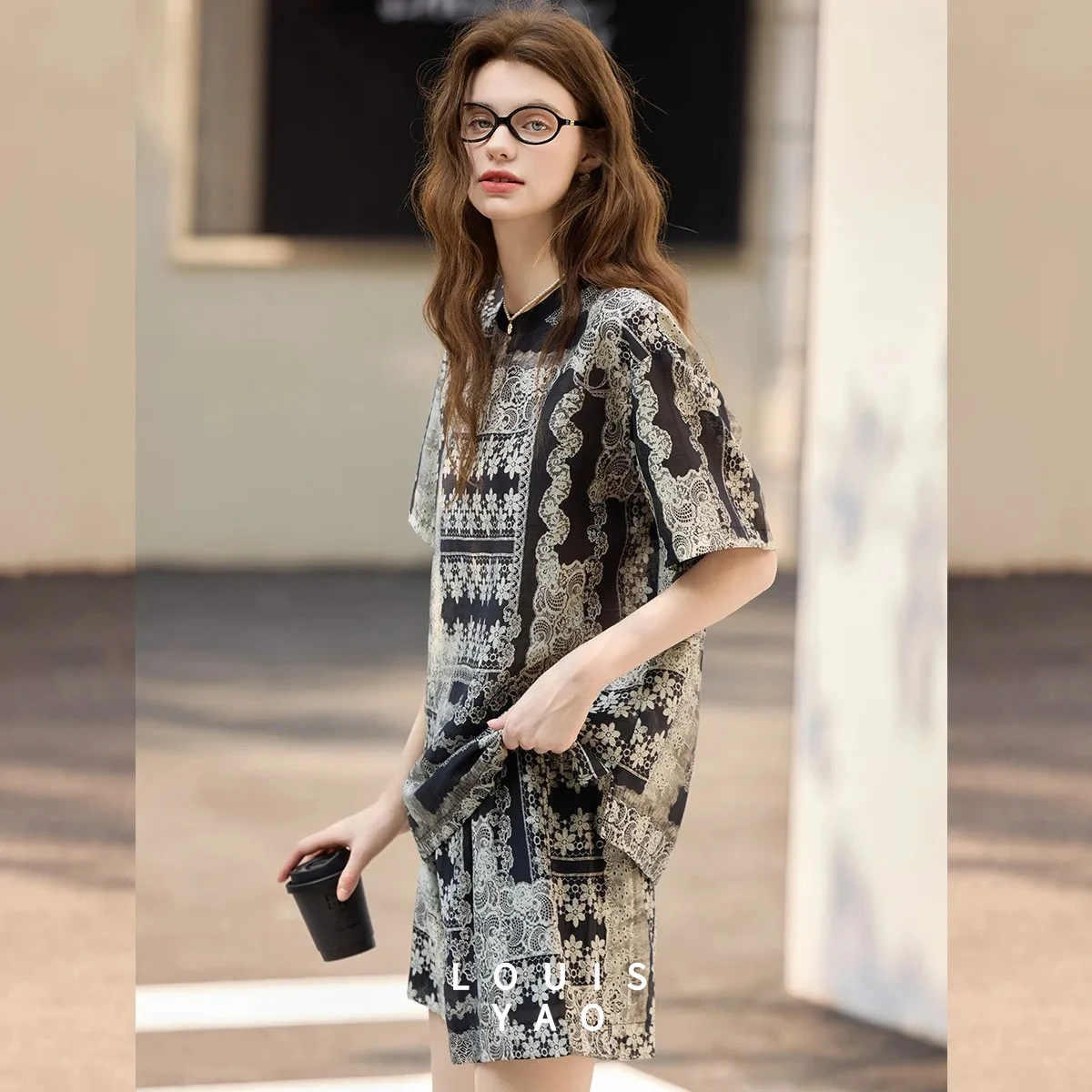 LOUISYAO Casual Printed Short Set 2025 Summer Women New Fashion Non Stretch Two Piece Matching Set