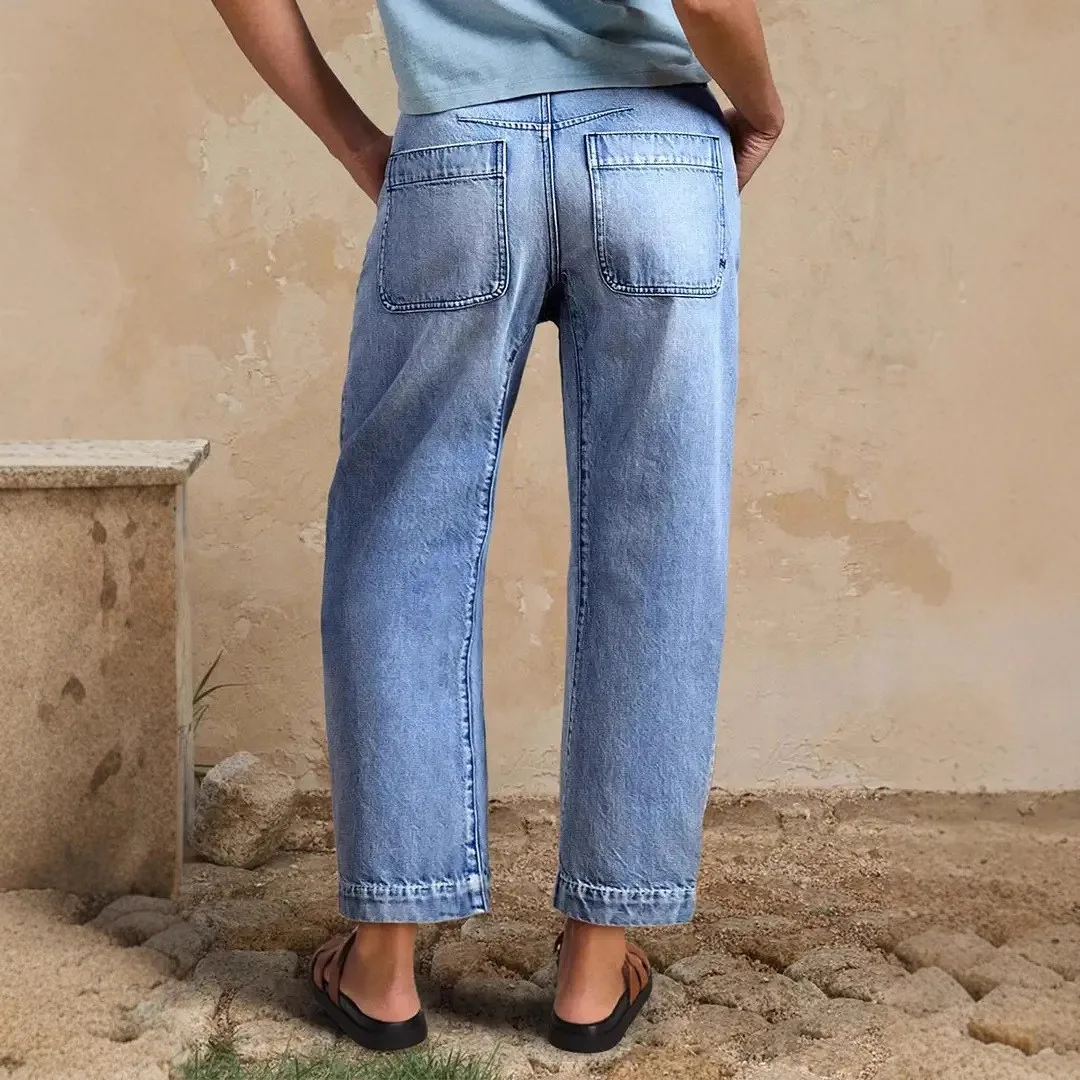 Women's Baggy High Waist Wide Leg Crop Jeans Cotton Washed Streetwear Patchwork Straight Leg Denim Pants with Cuffed Hem and