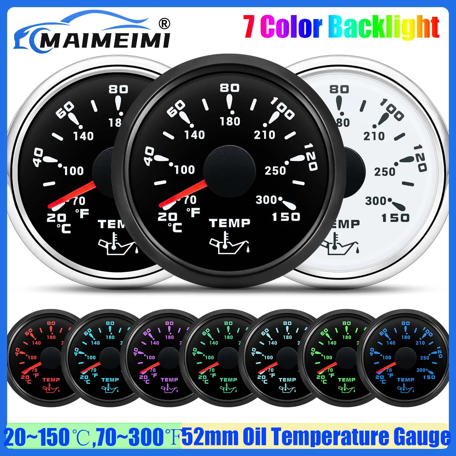 

Universal Car 52mm Oil Temperature Gauge 7 Color Light 20~150℃/70-300℉ Oil Temperature Meter Indicator for Marine Boat Yacht