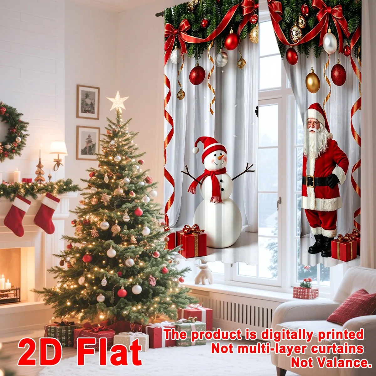 2 Stück festliche Weihnachtsvorhänge mit Weihnachtsmann- und Schneemann-Design, Polyester-Vorhänge, 60 x 150 cm, Fensterdekoration für Heimdekoration, Weihnachtsgeschenk – Detail 4