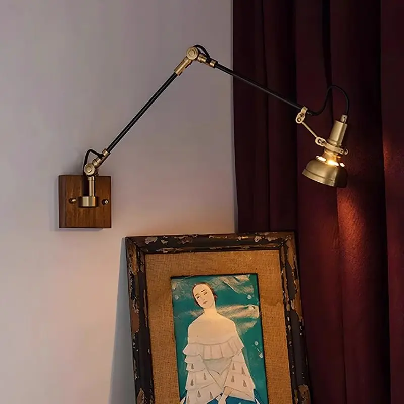 Scandinavian Japanese Wabi Sabi Industrial Wall Lamp Solid Wood Brass with Switch for Bedside Reading