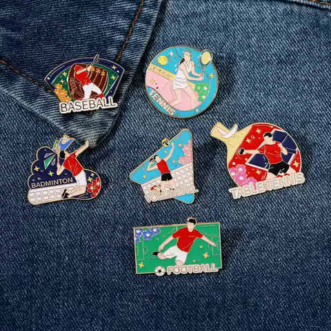 Funny Football Tennis Volleyball Design Brooches Badminton Baseball Table Tennis Enamel Pins Sports Theme Badge