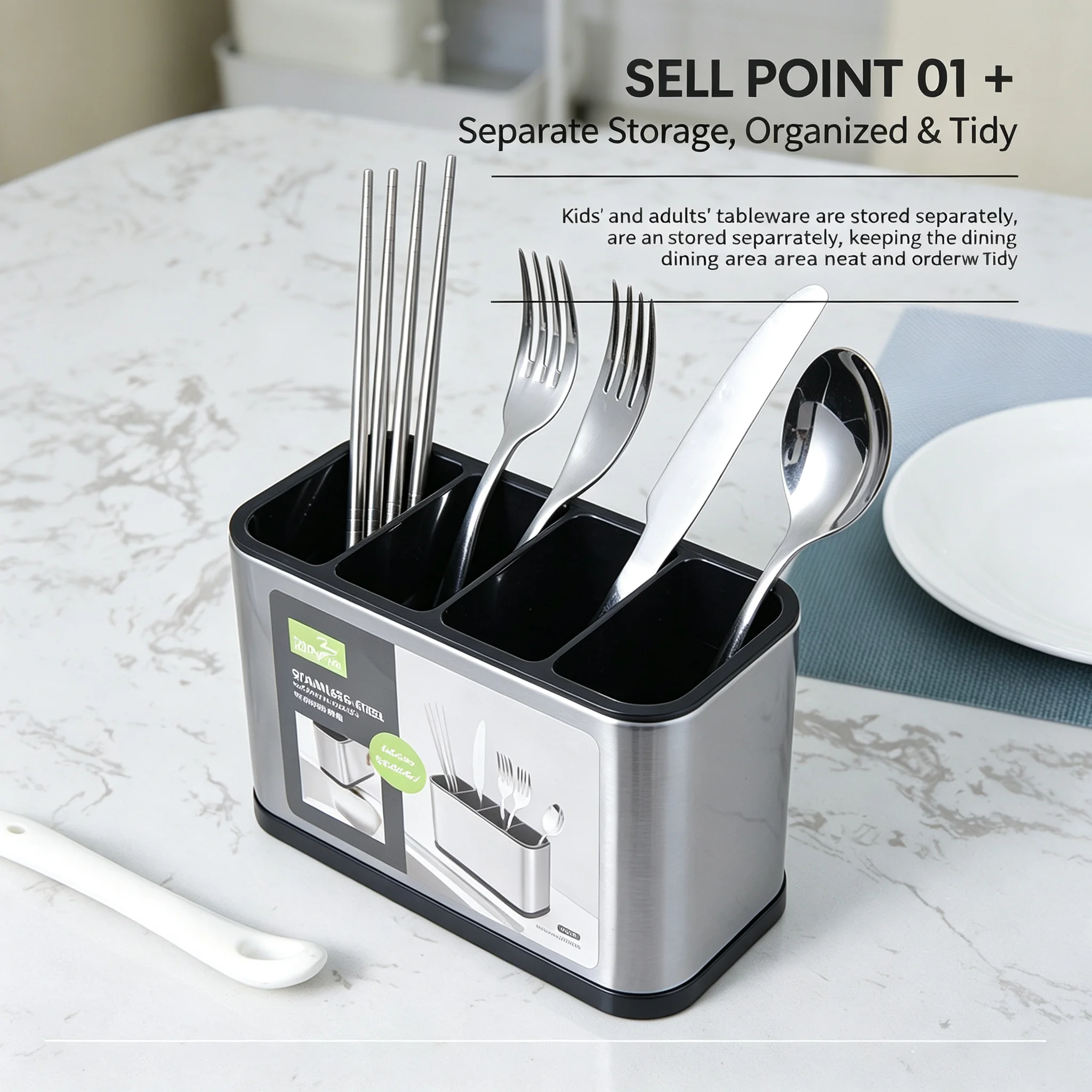 Dishware Bin Silverware Caddy Cutlery Organizer Stainless Steel Utensil Drying Rack Flatware Holder with 4 Divided Compartments