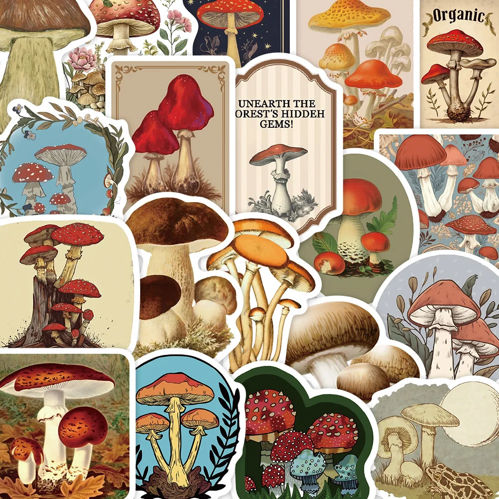 50pcs Vintage Mushroom Stickers Coloful Cartoon Agaric Decal DIY Scrapbook Laptop Luggage Skateboard Stickers For Teens Gifts