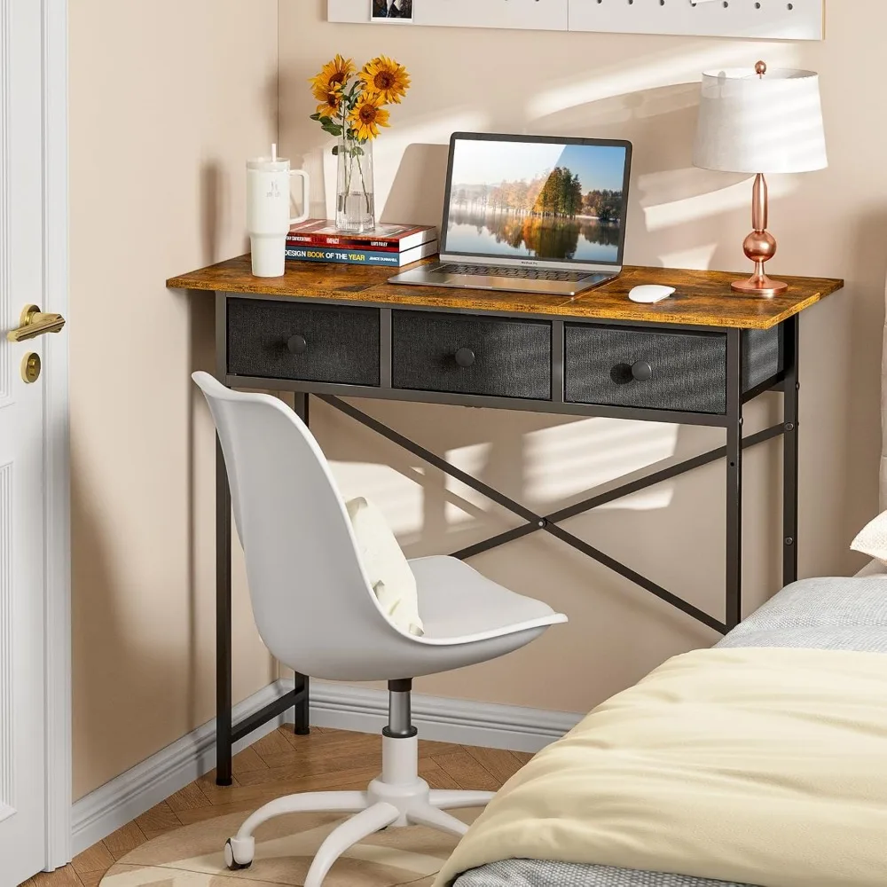 Small Writing Desk with 3 Drawers for Bedroom, 37.2 Inch Small Computer Desk for Small Spaces, Simple Desk with Drawers