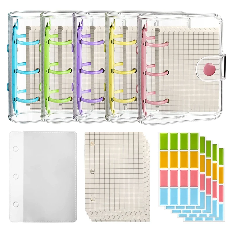T04C-5 Pack Mini Transparent 3 Ring Binder Covers With Binder Inner Papers Storage Bags Label Sticker Binder Pockets