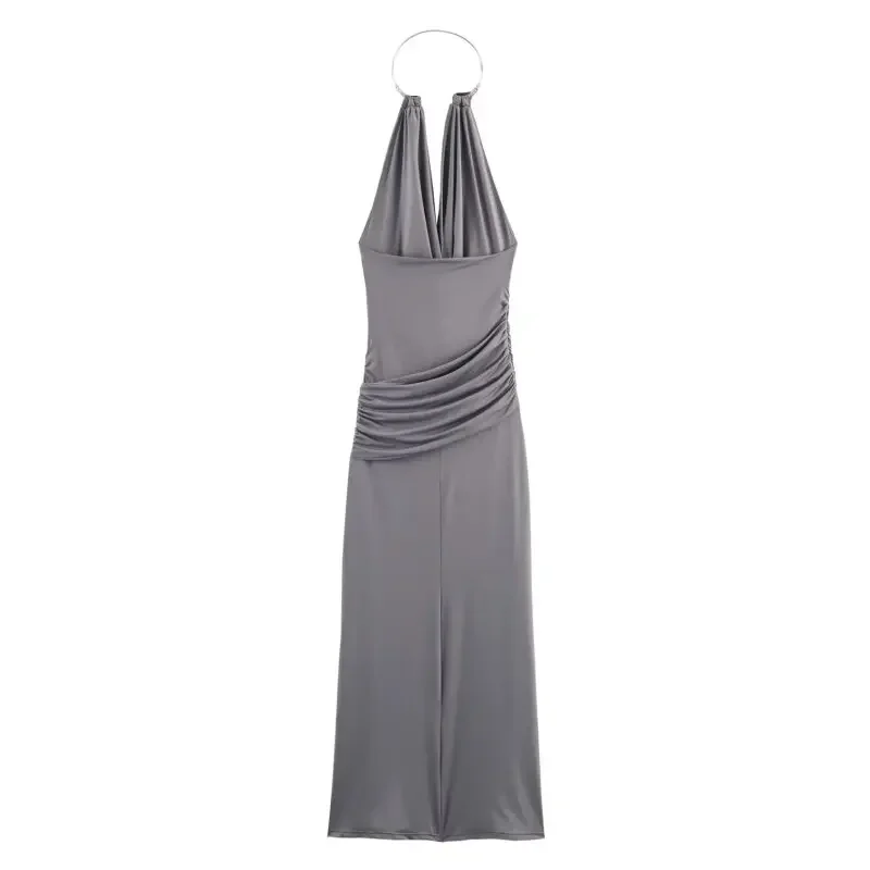 High-grade Grey Halter Elegant Dress Evening Party Sexy Off Shoulder Lady Tank Sleeveless Beauty Backless Dresses Simple Slim