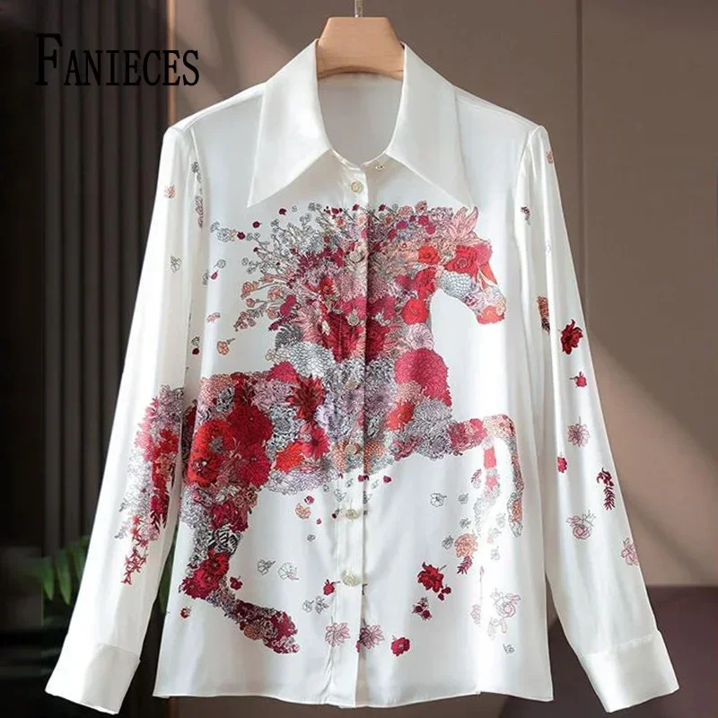 4XL Satin White Shirt For Women Luxury Red Horse Print Long Sleeve Blouses Spring Autumn Slim Office Ladies Shirts Tops