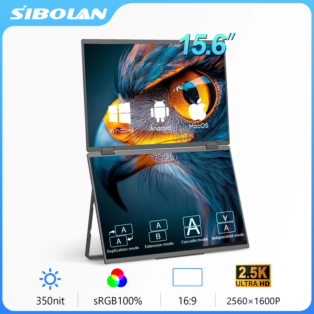 

SIBOLAN 15.6" Dual Portable Monitor 1080P FHD IPS Folding Stacked Laptop Screen Extender Game USB-C Plug Matte Metal Extended