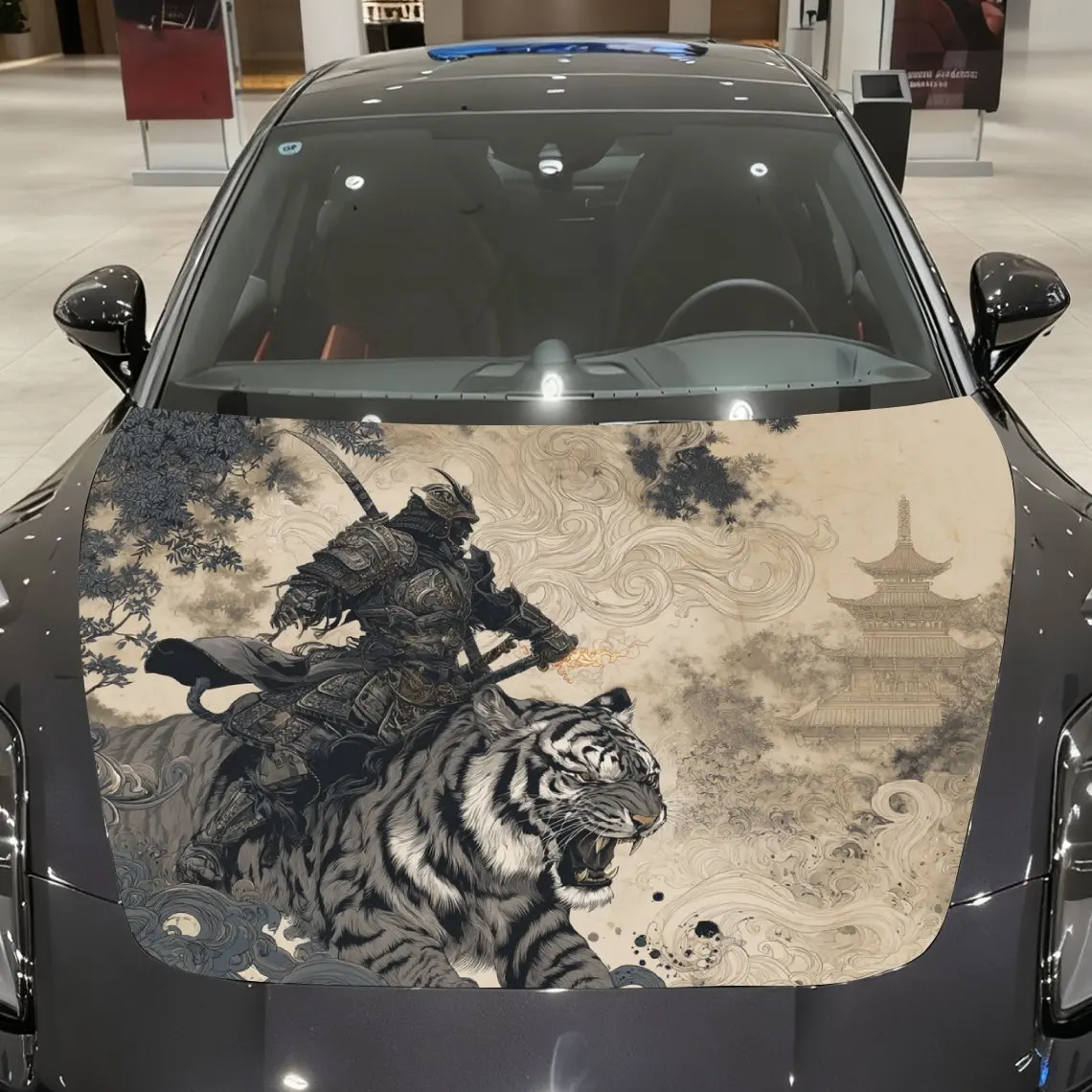 Samurai Riding A Tiger Car Hood Decal - PVC Realistic Pattern Design, Universal Fit For General Motors & Racing Cars, Durable Ex