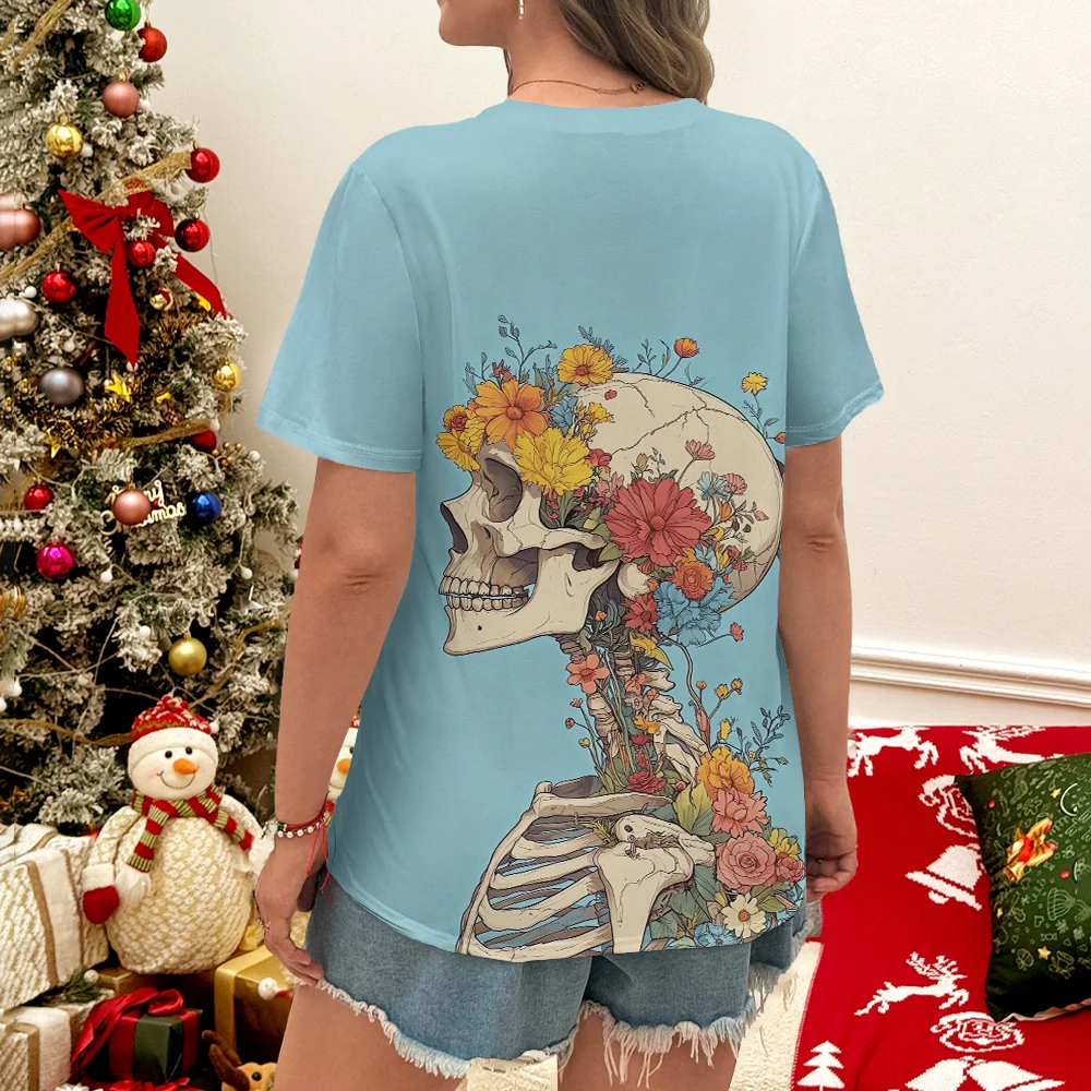 Hellblaues Damen-T-Shirt mit Totenkopf- und Blumenkunstdruck, lässiger Alltagsstil, Rundhalsausschnitt, kurzärmliges Oberteil für den täglichen Gebrauch