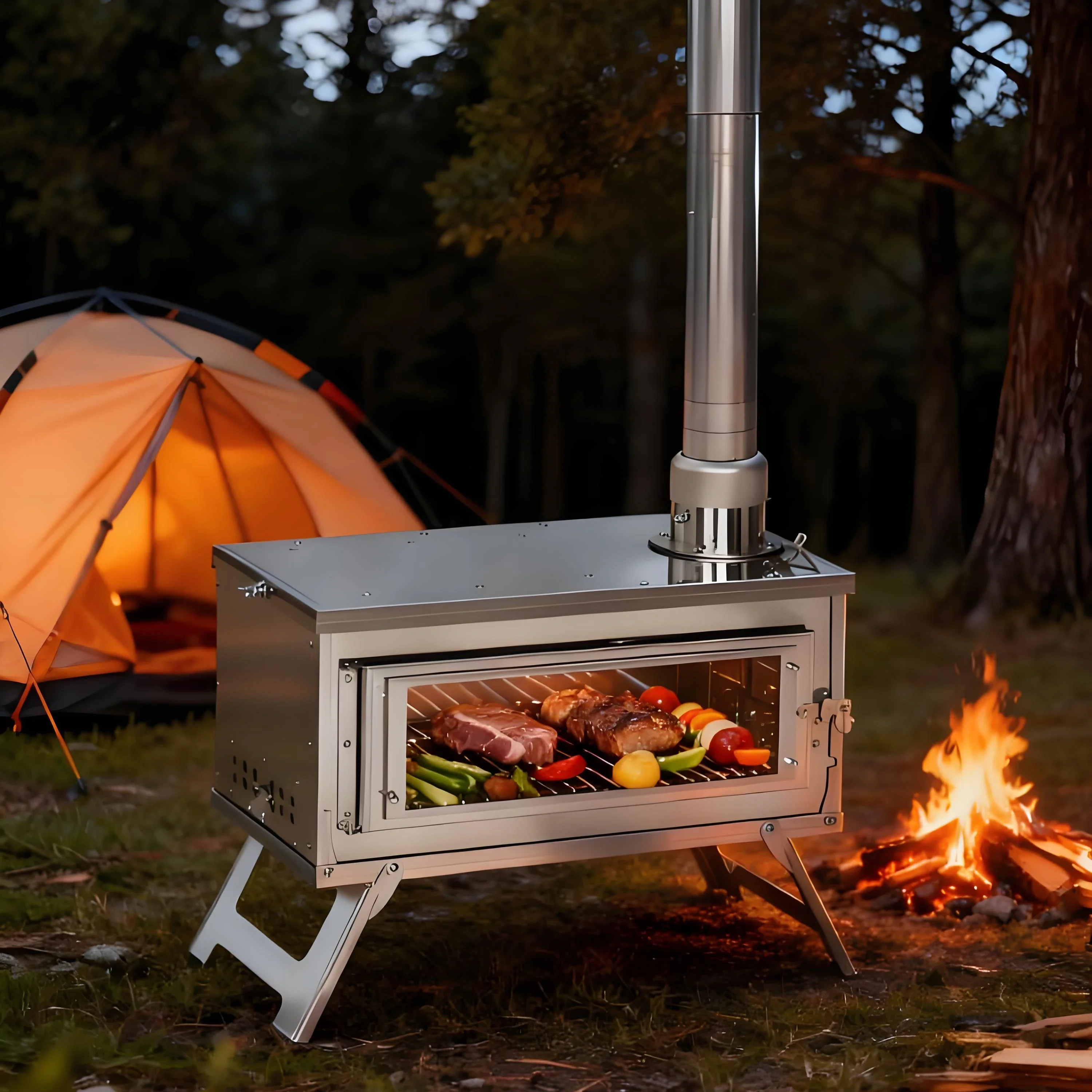 Must-Have Stainless Steel BBQ Stove for Camping & Picnics Portable Foldable Wood Burning & Charcoal Thermometer for Outdoor Use