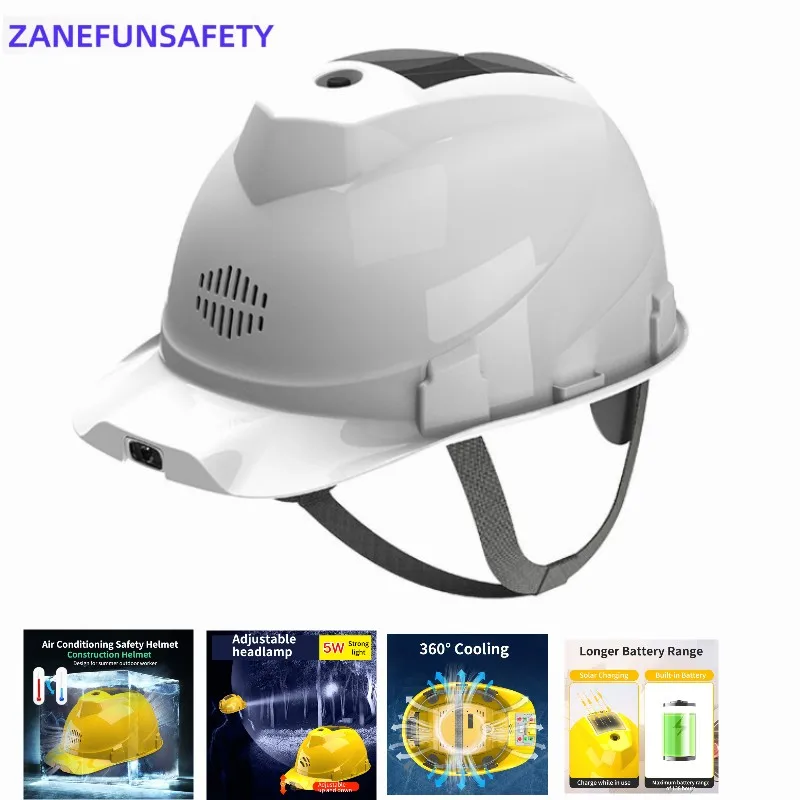 Construction Helmet with 2 Fans Air Condition LED Headlight Solar Panel Power Bank Construction Work Safety Helmet