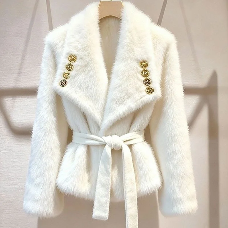 Fashion White Plush Jacket for Women Autumn Winter Furry Warm Jacket 2026 New High End Pinch Waist Strap Short Top Outwear