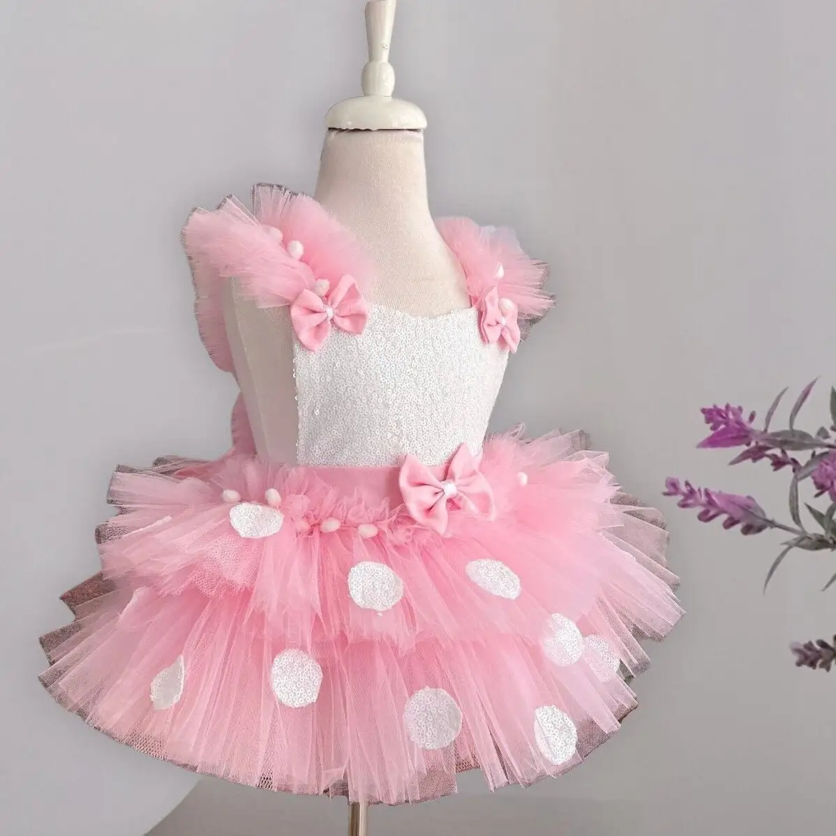 Cute Flower Girl Dress Lovely Pink Party Short Sleeves Tulle Little Baby Princess Ball Kids Birthday First Communion Gowns