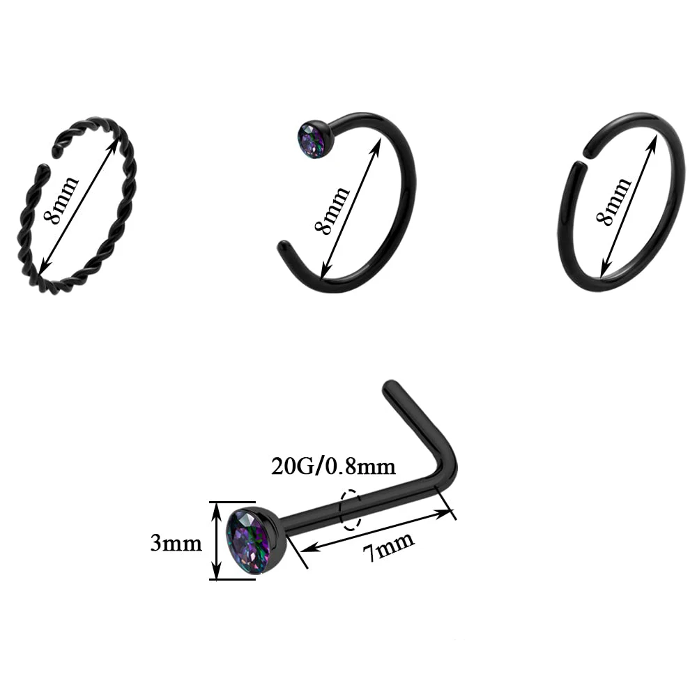 20 Gauge Nose Ring Hoop Stainless Steel for Women Men Round CZ L Shaped Screw Lip Rings Set Nose Piercing Jewelry Black 12Pcs