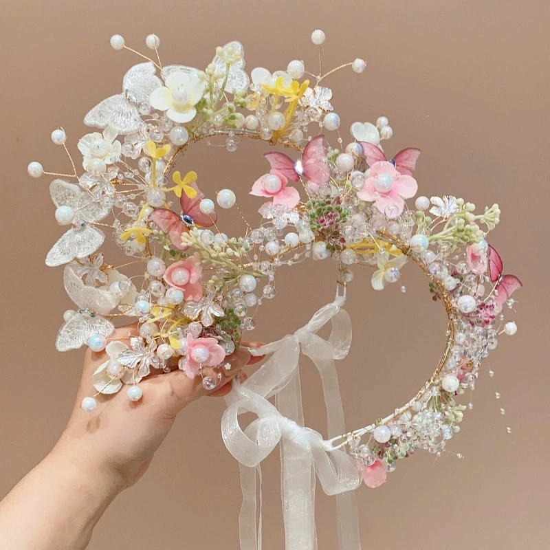 New Fashion Pink Butterfly Pearl Flower Headband fow Girls Child Wreath Hair Hoop Headbands Holiday Party Hair Accessories Gift