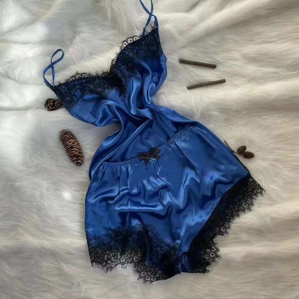 Zoete Strik Kanten Pyjama Pak V-hals Mouwloos Twee Stukken Nachtkleding Vrouwen Homewear Losse Shorts Hemdje Nachthemd Dame Meisje