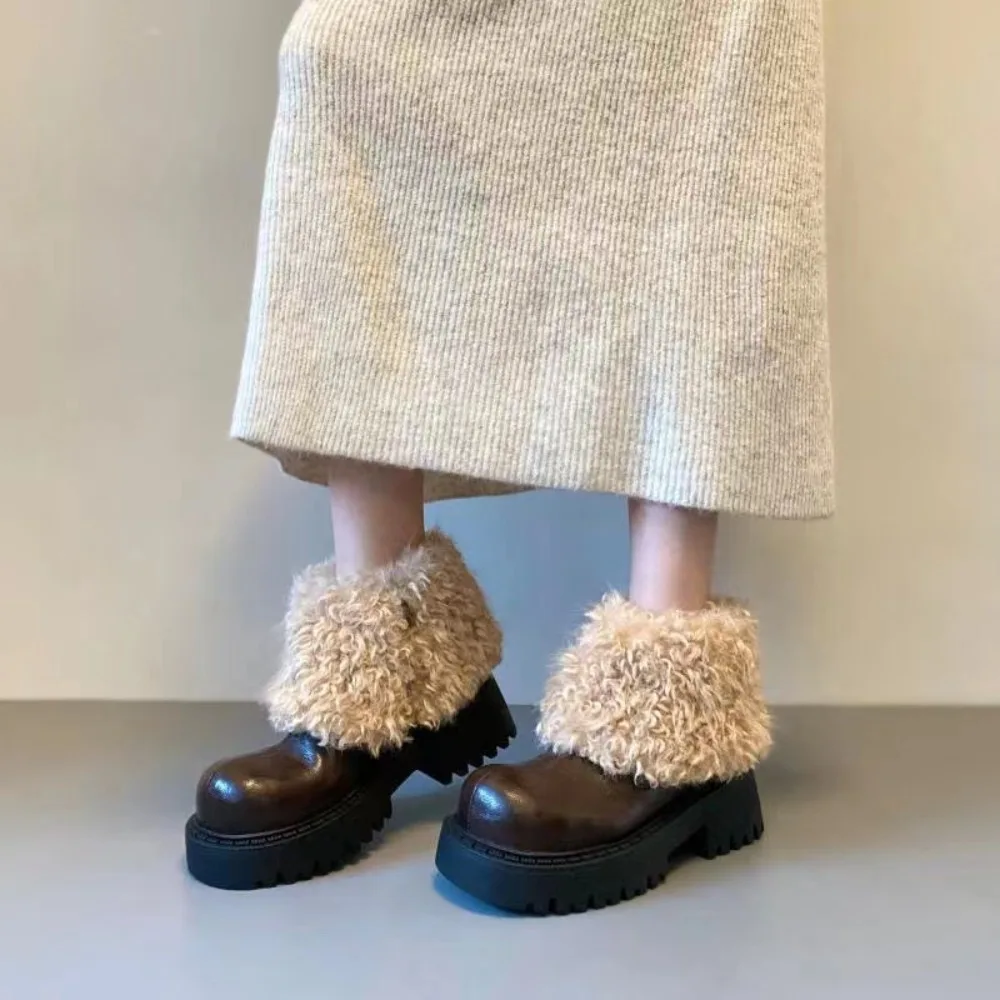 

Winter Boots for Girls Artificial Wool Pu Leather Loose Fluffy Ankle Boots Korean Version Fashion Platform Shoes Bottes Femmes