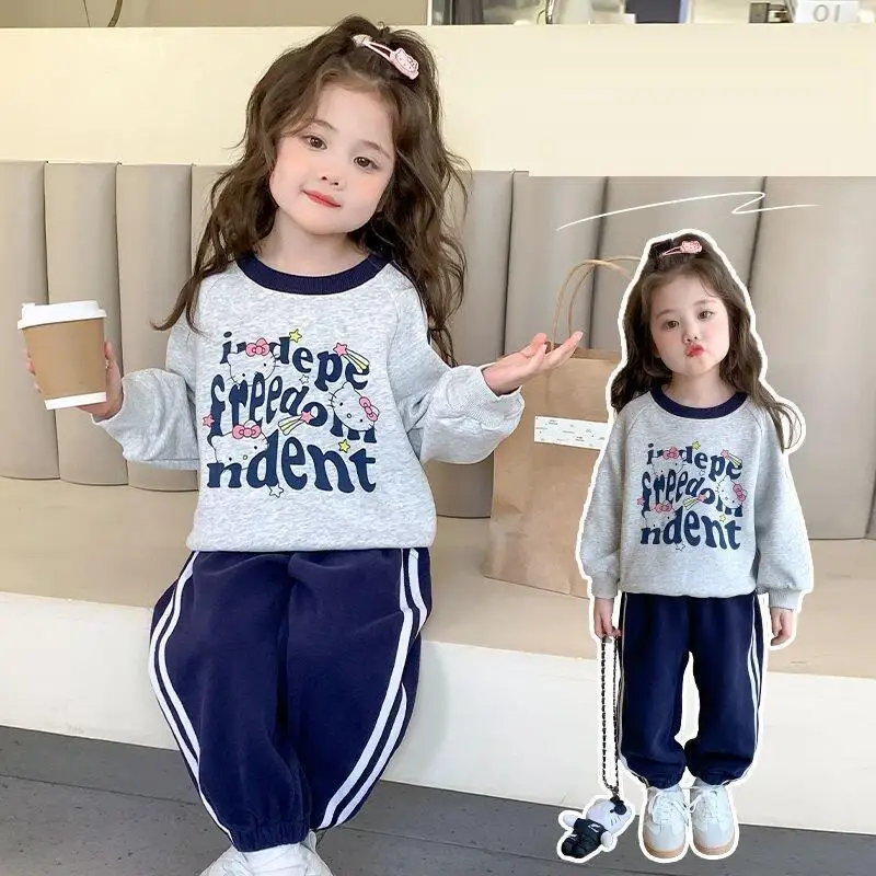 

Hot Sanrio Hello Kitty Pullover Two-Piece Set Girl Tops Sweatpants Pants Child Spring Autumn Kawaii Fashion New Casual Clothing