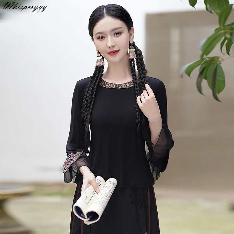 New Chinese Improved Embroidered Knitted T-shirt Top Women Spring Summer National Style Tide Base Shirt Black Fashion Female