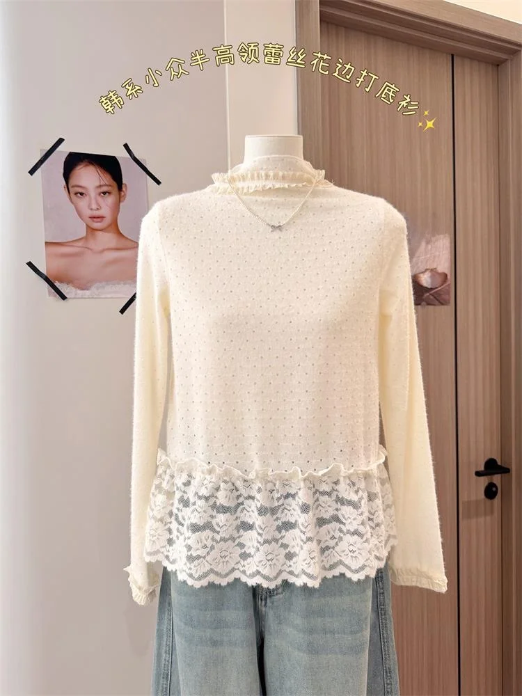 

Универсальный кружевной базовый слой irt f, длинная женская футболка с высоким воротником, цветочная отделка, утягивающий топ для внутренней одежды