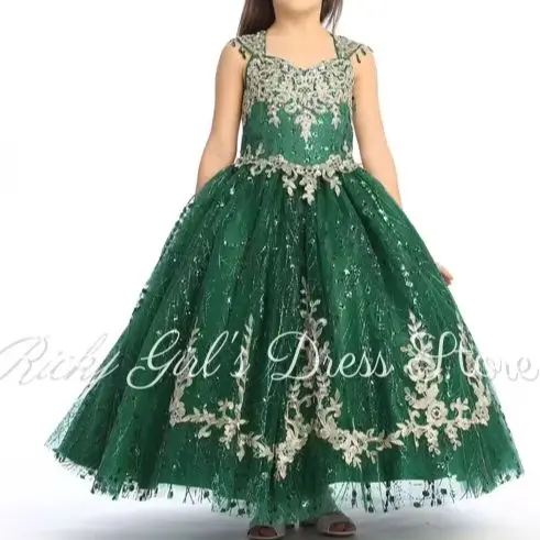 Customized Sequin Green Flower Girl Dress For Wedding Floor Length Applique Tulle Ball Gown Kids Birthday First Communion