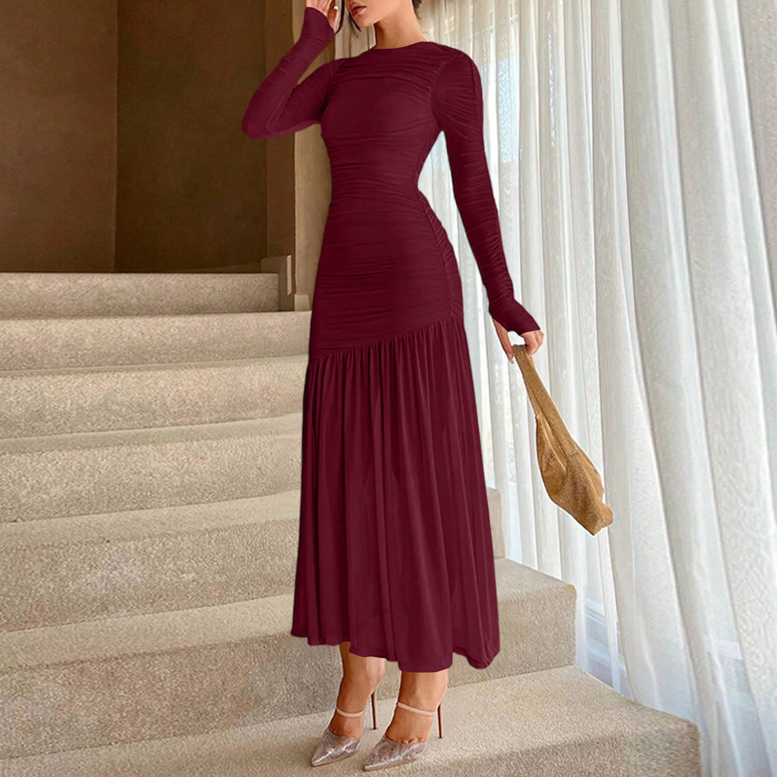 Pleated Design Cocktail Dresses For Wedding Guest Solid Elegant Dress With Pleated Hem Featuring Round Neck Bridesmaid Dress