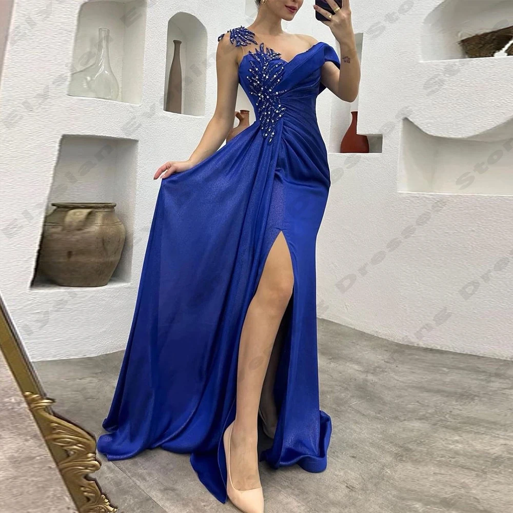 Royal Blue Women's Evening Dresses A-Line Side Split Princess Lace Applique Prom Gown Fashion Celebrity Party Vestidos De Fiesta