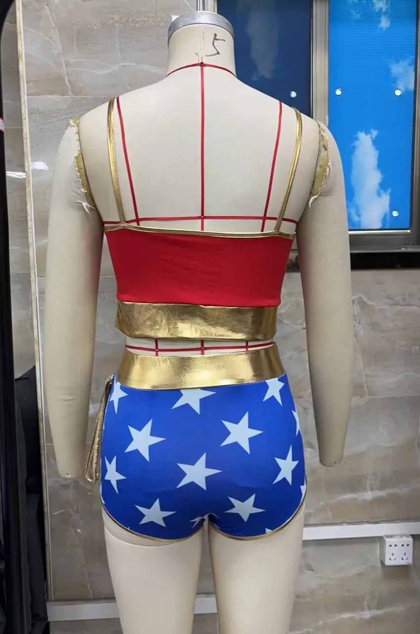 3Pcs Women Hero Costumes, Gold Trim Spaghetti Strap Tops Star Mini Shorts and Red Cloak Set of 3 for Halloween Cosplay Party New - view 3