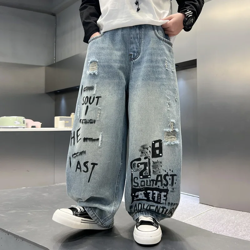 Fashion Kids Designer Hole Jeans with Graffiti for School Boy High