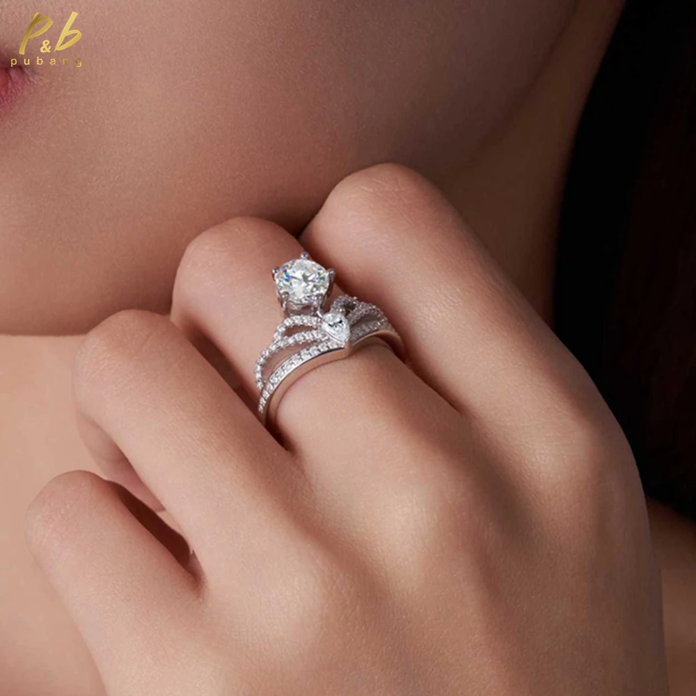 

PuBang Fine Jewelry 925 Sterling Silver VVS1 3EX D Round Cut 1 CT Real Moissanite Diamond Gem Engagement Crown Ring for Women