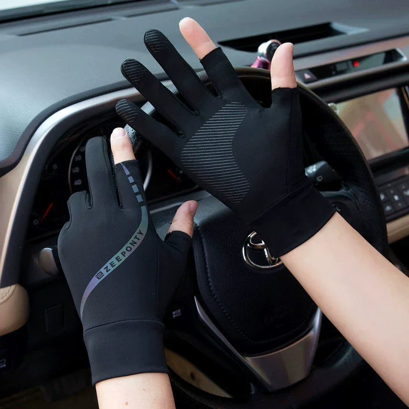Men's Summer Ice Silk Cycling Gloves Thin Sunscreen Driving Half-Finger Touch Screen Fishing Gloves Two-Finger Design
