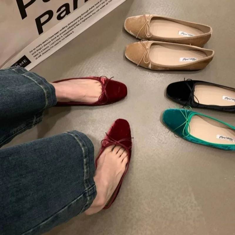 Ballerines en velours de luxe pour femmes, mocassins peu profonds avec nœud papillon, mocassins ronds rétro pour dames, chaussures de mode