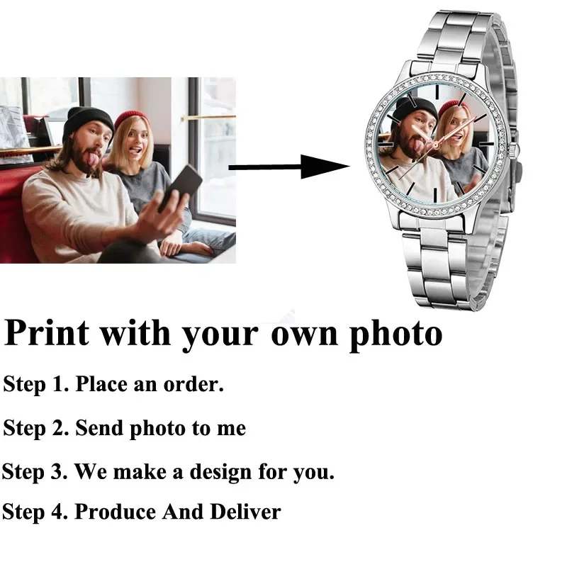 A3319 맞춤형 사진 시계 자신의 사진으로 인쇄 여성 럭셔리 손목 시계 라인스톤 다이아몬드 장식 여자친구 선물