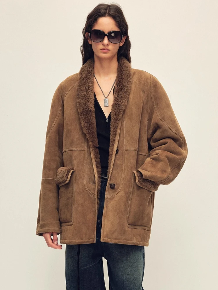 

High-end Luxury Merino Sheep Fur Suede Jackets for Women Simple Mid-length Winter Genuine Leather Real Fur Shearling Coat