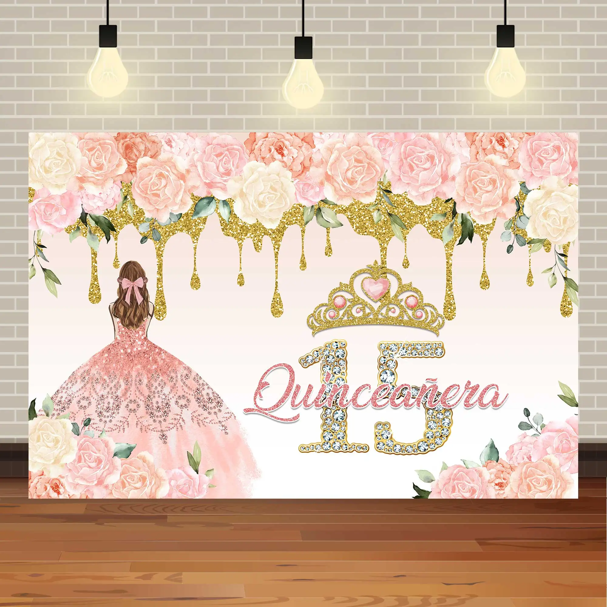 NeoBack Quinceanera Sweet 15th Princess Birthday Party Photographic Backdrops Girl Dress Glitter Crown Floral Photo Background