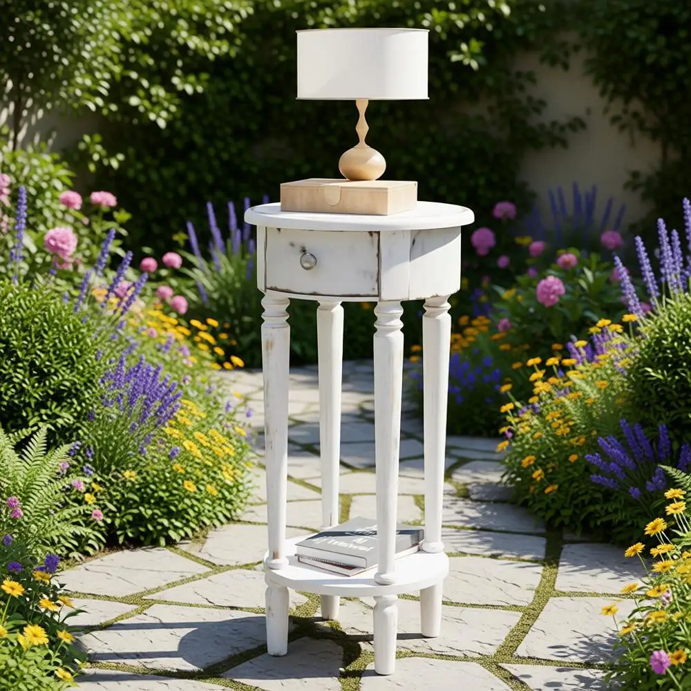 

Contemporary Tall End Table, Round Storage Nightstand, Industrial Style Living Room/Bedroom/Hallway End Table, Space-Saving Beig